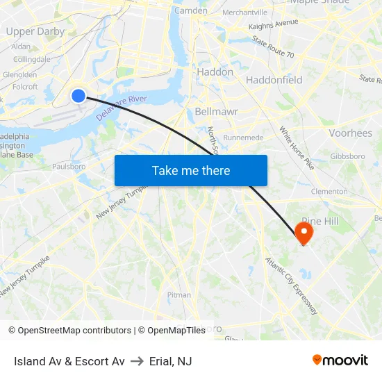 Island Av & Escort Av to Erial, NJ map
