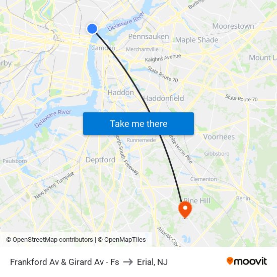 Frankford Av & Girard Av - Fs to Erial, NJ map