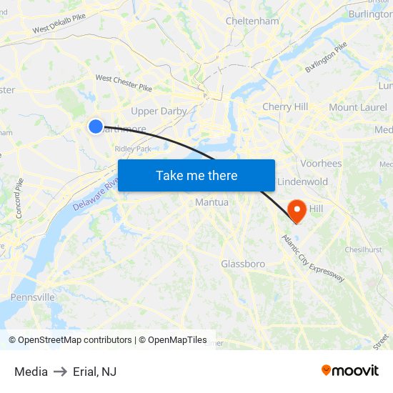 Media to Erial, NJ map