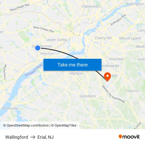 Wallingford to Erial, NJ map