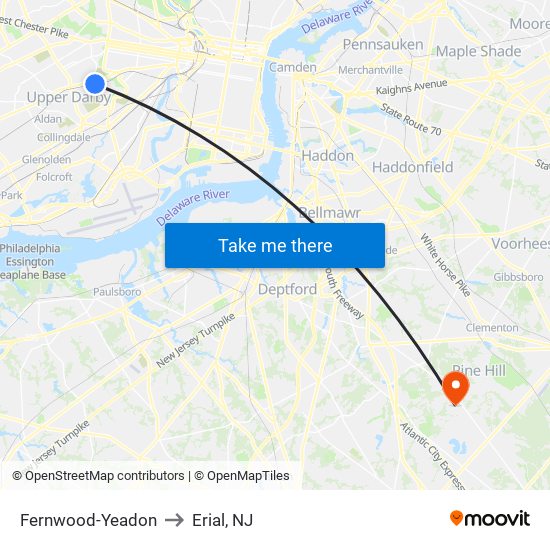 Fernwood-Yeadon to Erial, NJ map