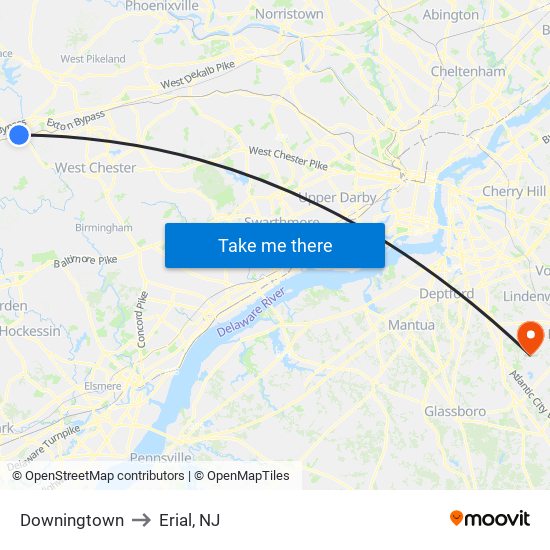 Downingtown to Erial, NJ map