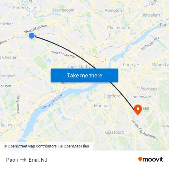 Paoli to Erial, NJ map