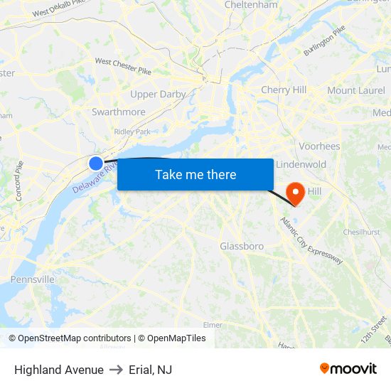 Highland Avenue to Erial, NJ map