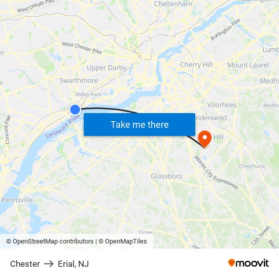 Chester to Erial, NJ map