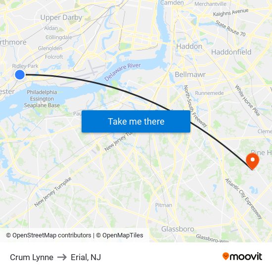 Crum Lynne to Erial, NJ map