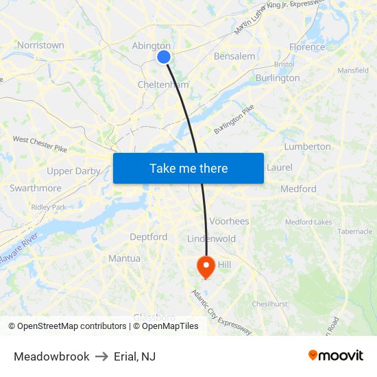 Meadowbrook to Erial, NJ map