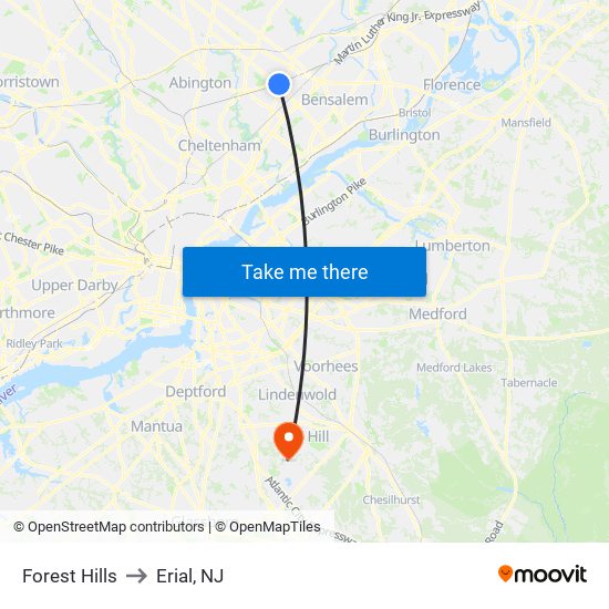 Forest Hills to Erial, NJ map