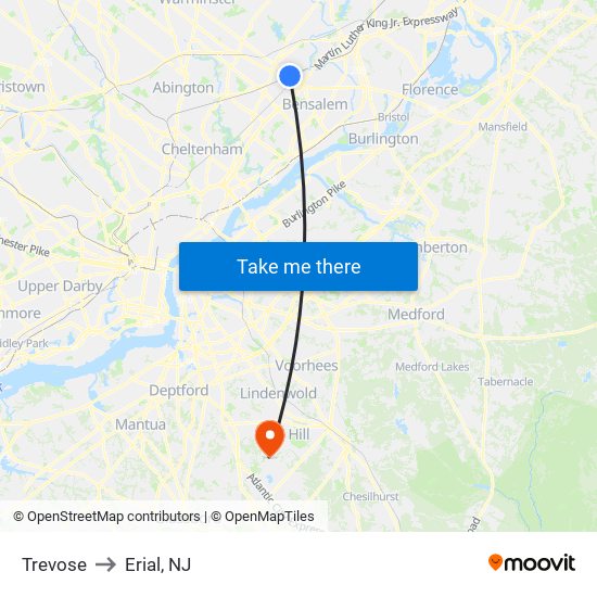 Trevose to Erial, NJ map