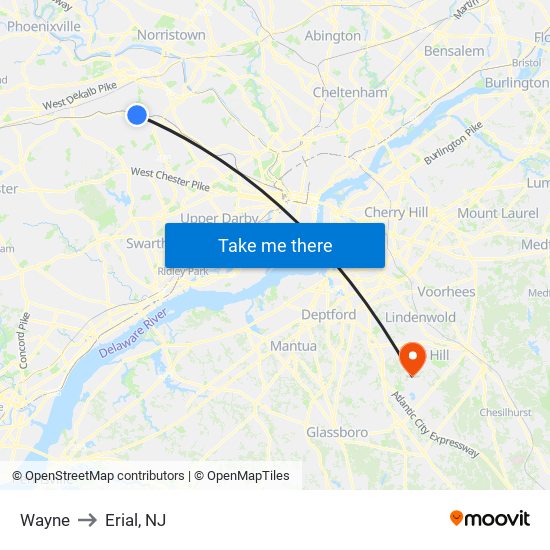 Wayne to Erial, NJ map