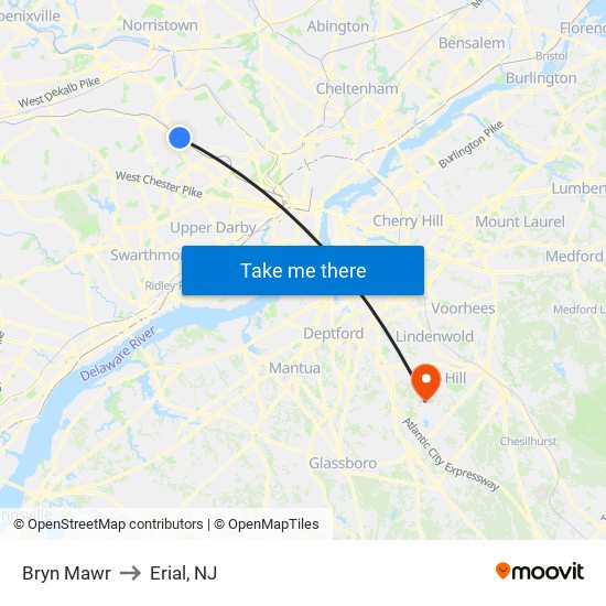 Bryn Mawr to Erial, NJ map