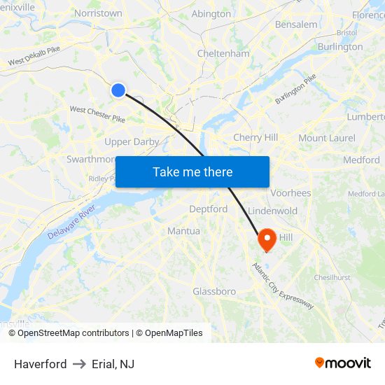 Haverford to Erial, NJ map