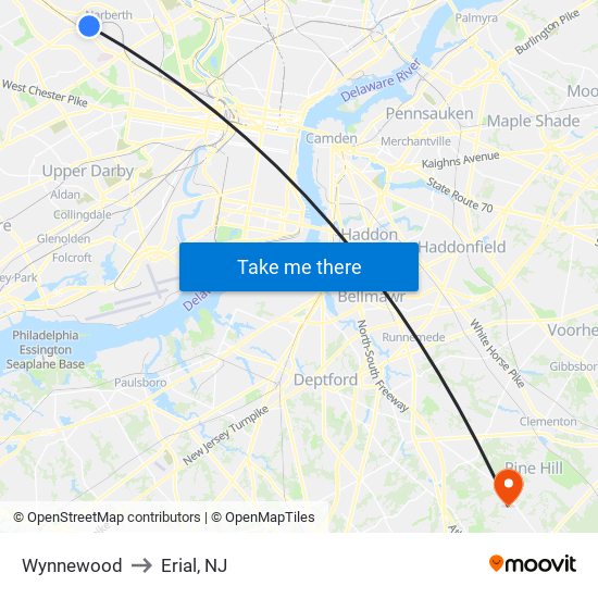 Wynnewood to Erial, NJ map
