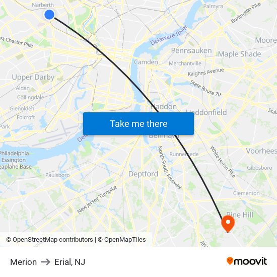 Merion to Erial, NJ map