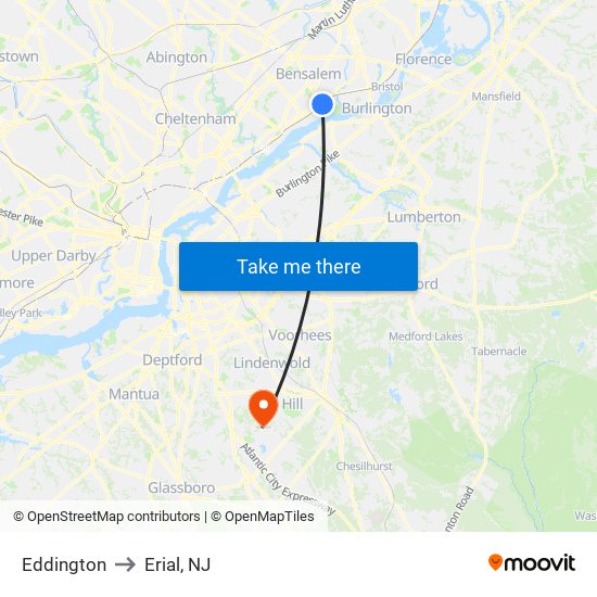 Eddington to Erial, NJ map