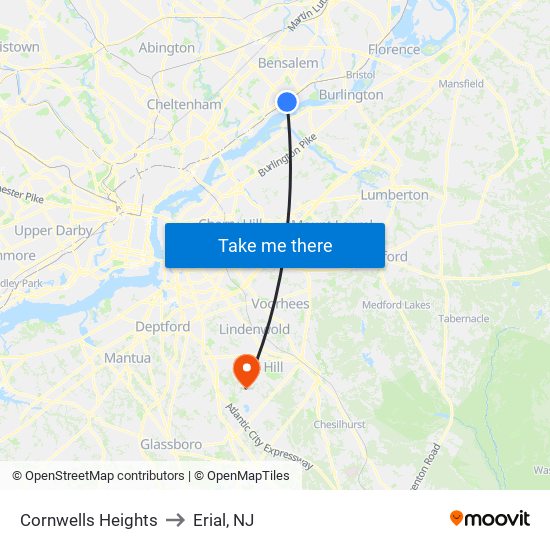 Cornwells Heights to Erial, NJ map