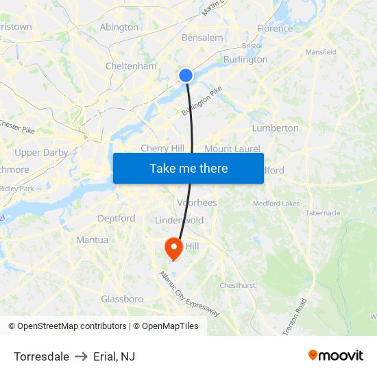Torresdale to Erial, NJ map