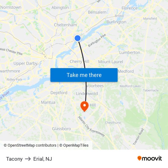 Tacony to Erial, NJ map