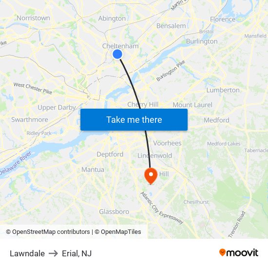 Lawndale to Erial, NJ map