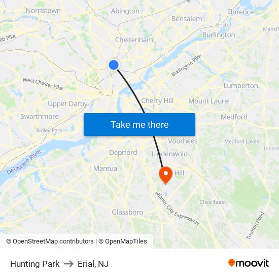 Hunting Park to Erial, NJ map