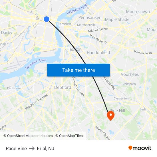 Race Vine to Erial, NJ map