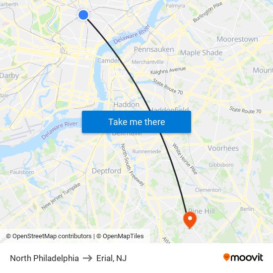 North Philadelphia to Erial, NJ map