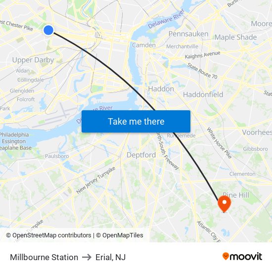 Millbourne Station to Erial, NJ map