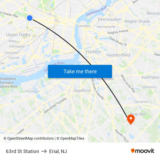 63rd St Station to Erial, NJ map