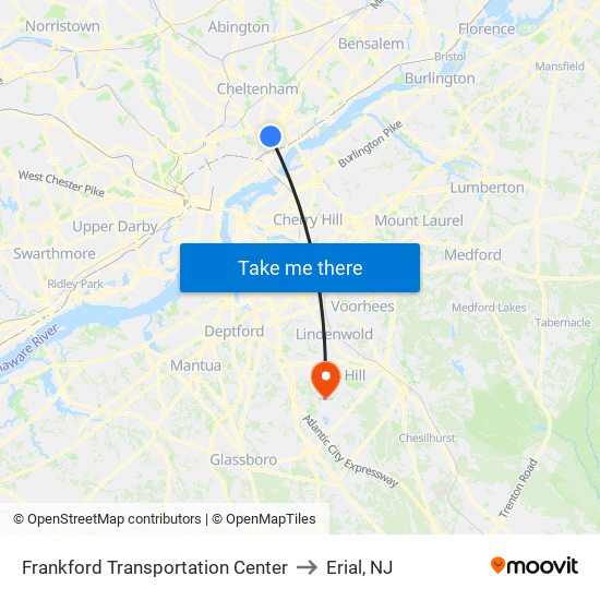 Frankford Transportation Center to Erial, NJ map