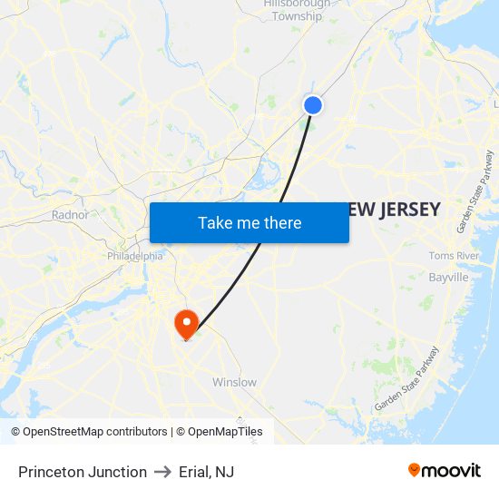 Princeton Junction to Erial, NJ map