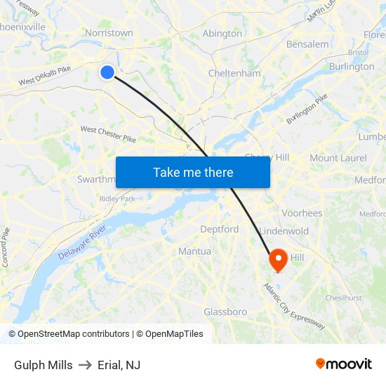 Gulph Mills to Erial, NJ map