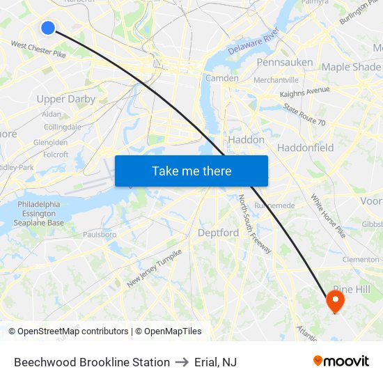 Beechwood Brookline Station to Erial, NJ map