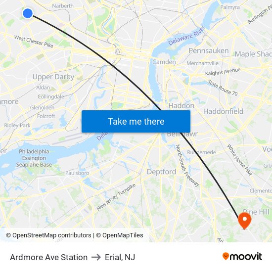 Ardmore Ave Station to Erial, NJ map