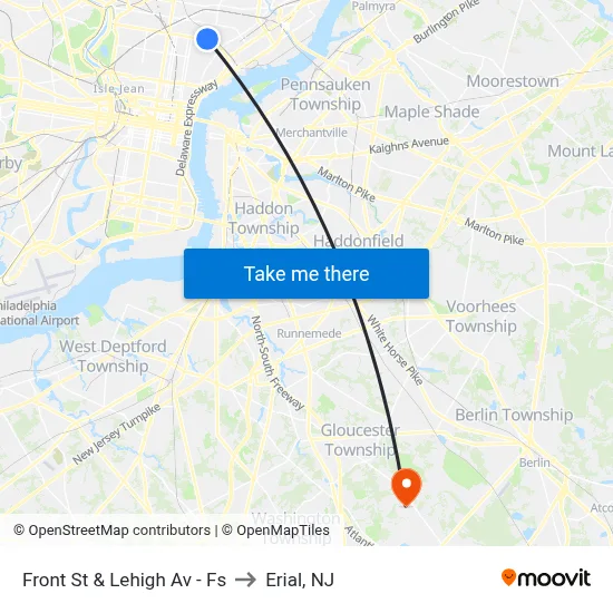 Front St & Lehigh Av - Fs to Erial, NJ map