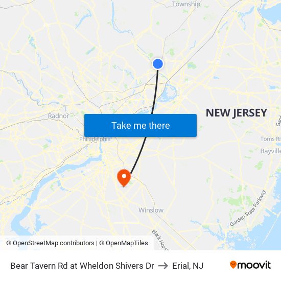 Bear Tavern Rd at Wheldon Shivers Dr to Erial, NJ map