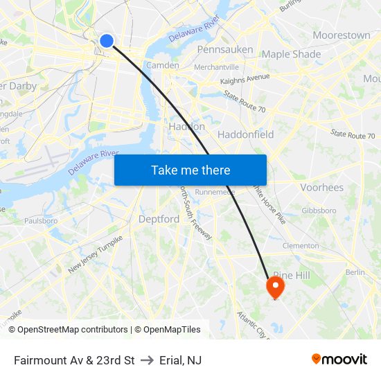 Fairmount Av & 23rd St to Erial, NJ map