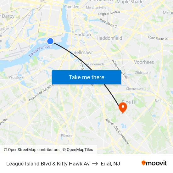 League Island Blvd & Kitty Hawk Av to Erial, NJ map
