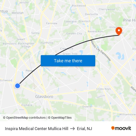 Inspira Medical Center Mullica Hill to Erial, NJ map