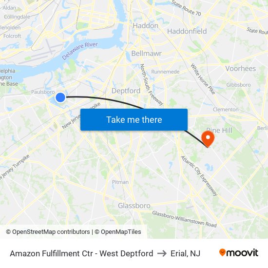 Amazon Fulfillment Ctr - West Deptford to Erial, NJ map
