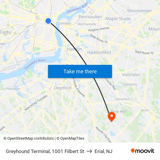 Greyhound Terminal, 1001 Filbert St to Erial, NJ map