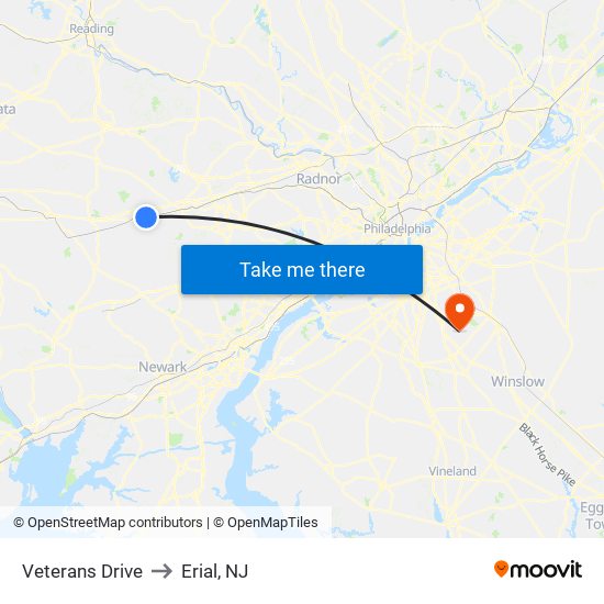 Veterans Drive to Erial, NJ map