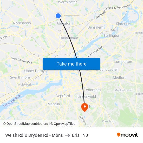 Welsh Rd & Dryden Rd - Mbns to Erial, NJ map