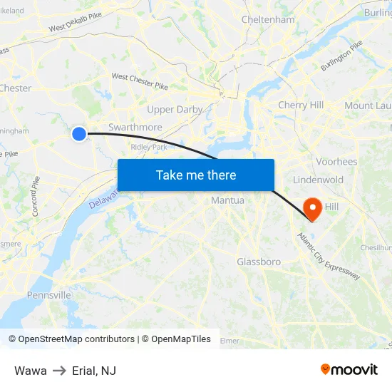 Wawa to Erial, NJ map