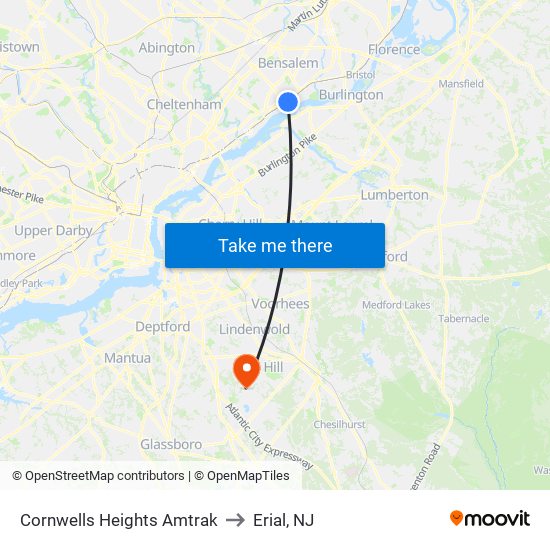 Cornwells Heights Amtrak to Erial, NJ map