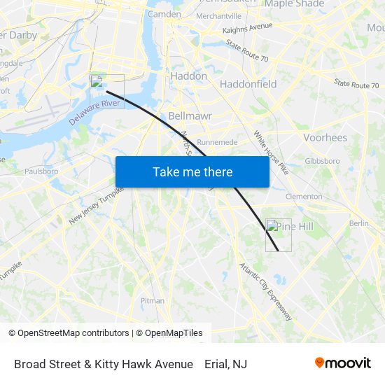 Broad Street & Kitty Hawk Avenue to Erial, NJ map