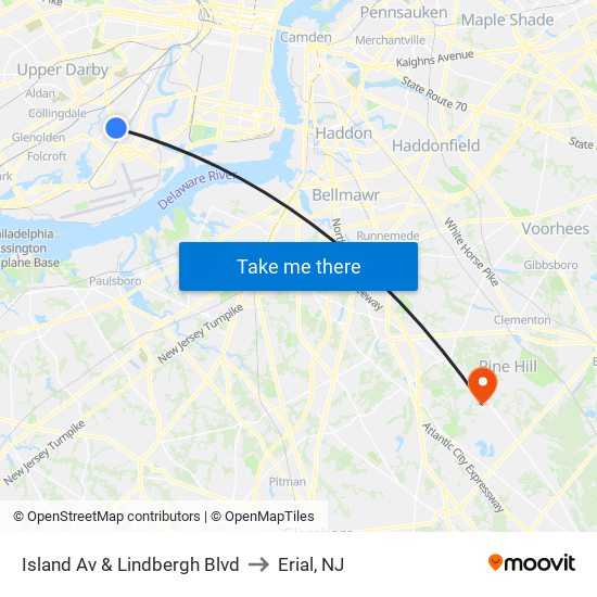 Island Av & Lindbergh Blvd to Erial, NJ map