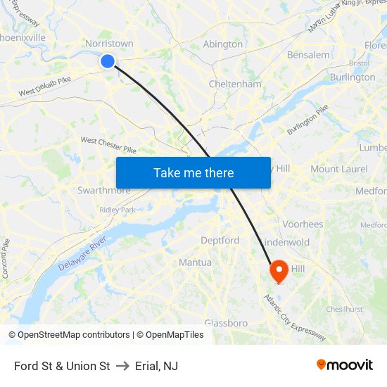 Ford St & Union St to Erial, NJ map