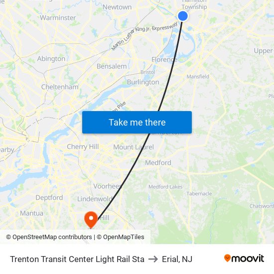 Trenton Transit Center Light Rail Sta to Erial, NJ map