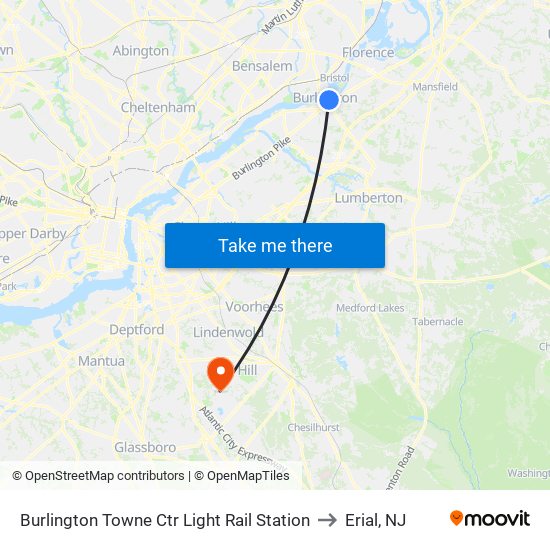 Burlington Towne Ctr Light Rail Station to Erial, NJ map