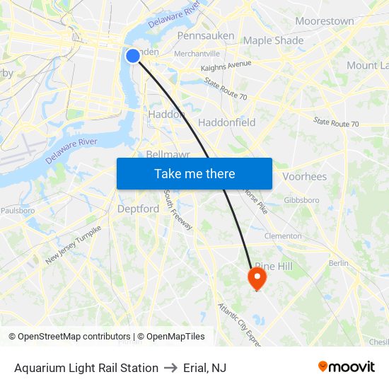 Aquarium Light Rail Station to Erial, NJ map